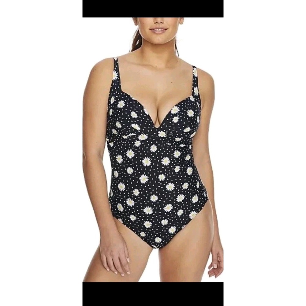 NEW Pour Moi Black Daisy Polka Dot Control One Piece Swimsuit 34C PM-24506